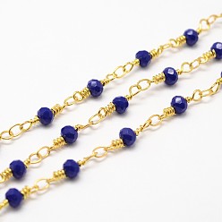 Прусский Синий Ручной цепи стекло бисером, с катушкой, несварные, граненые, шайба, имитация нефрита, с латунной фурнитурой , золотые, берлинская лазурь, 4 мм, около 32.8 футов (10 м) / рулон