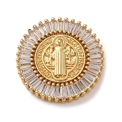 Плоский Круглый Латунные микро проложить кубического циркония подвески, Святой бенедикт, стойки покрытие, прочное покрытие, без кадмия и без свинца, реальный 18 k позолоченный, плоско-круглые, 29.5x6 мм, отверстие : 5x2 мм