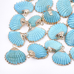 Sky Blue Spray Paint & Electroplate Sea Shell Pendants, with Iron Findings, Light Gold, Sky Blue, 16~26x17~28x7~10mm, Hole: 2mm