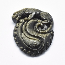 Обсидиан Натуральные золотистые обсидианные подвески, 44x34.5x9 мм, отверстие : 1.5 мм