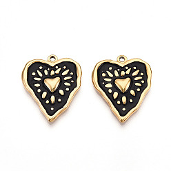 Черный 304 подвески из нержавеющей стали, с эмалью, сердце прелести, ионное покрытие (ip), реальный 18 k позолоченный, чёрные, 25.5x21x3 мм, отверстие : 1.6~1.8 мм