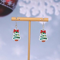 Рождественская елка Серьги-подвески из сплава с эмалью в рождественской тематике, платина, рождественская елка, 39x15 мм