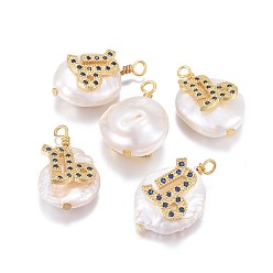 Capricorn Natural Cultured Freshwater Pearl Pendants, with Brass Micro Pave Cubic Zirconia Findings, Nuggets with Constellation, Golden, Marine Blue, Capricorn, 17~22x11~16x5~11mm, Hole: 1.6mm