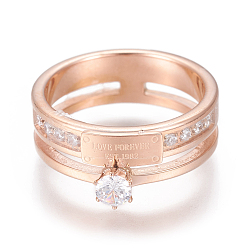 Розовое Золото 304 палец кольца из нержавеющей стали, с кубического циркония, прозрачные, розовое золото , Размер 6~9, 16~19 мм