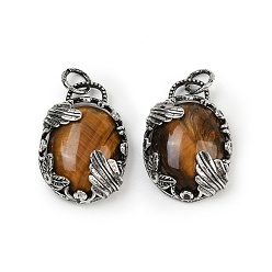 Тигровый глаз Природных тигровый глаз подвески, овальные подвески с латунной оправой, античное серебро, 30.5~31x21~21.5x8~8.5 мм, отверстие : 5.5 мм