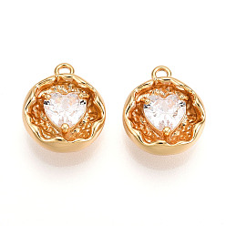 Прозрачный Латунные микро проложить кубического циркония прелести, Сердце & плоские круглые, долговечный, без никеля , реальный 18 k позолоченный, прозрачные, 14~14.5x12x5 мм, отверстие : 1.5 мм