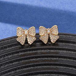 Настоящее золото 18K Серьги-гвоздики из латуни с микропаве из кубического циркония для женщин, бантом, реальный 18 k позолоченный, 10.5x11.5 мм