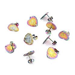 Rainbow Color Ионное покрытие (ip) 304 детали серьги-гвоздики из нержавеющей стали, с уха орехов, текстурированное сердце, Радуга цветов, 12x13 мм, отверстие : 1.5 мм, штифты : 0.7 мм