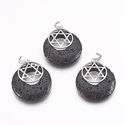 Лавовый камень Подвески из натуральной лавы, для евреев, с латунной фурнитурой платинового цвета, плоские круглые со звездой Давида, окрашенные, 32x28x7 мм, отверстие : 4x5 мм