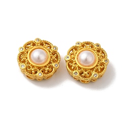 Матовый Золотой Цвет Покрытие стойки полые латунные бусины из кубического циркония, с ABS имитации жемчуга, цветок, долговечный, матовый золотой цвет, 12x6.5 мм, отверстие : 1.8 мм