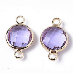 Medium Purple Glass Links, with Real 18K Gold Plated Brass Findings, Nickel Free, Faceted, Flat Round, Medium Purple, 17.5x10.5x4.5mm, Hole: 1.8mm
