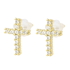 Real 18K Gold Plated Cross Brass Micro Pave Cubic Zirconia Stud Earrings, Long-Lasting Plated, Lead Free & Cadmium Free, Real 18K Gold Plated, 10.5x7.5mm