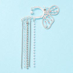 Silver Butterfly with Long Tassel Crystal Rhinestone Cuff Earrings, Alloy Drop Earrings for Non-Piercing Ear, Silver, 140x67x3.5mm