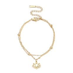 Golden 304 Stainless Steel Cable & Satellite Chains Double Layer Multi-strand Bracelet, with Lotus Charms, Golden, 6-5/8 inch(16.8cm)