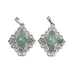 Зеленый Авантюрин Естественный зеленый авантюрин подвески, ромбовидные подвески с латунной фурнитурой, стойки покрытие, платина, 35.5x27x7.5 мм, отверстие : 8.5x4.5 мм