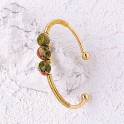 Унакит Браслет-манжета из натурального унакита, открытый браслет из золотой проволоки, 2-1/2 дюйм (6.5 см)