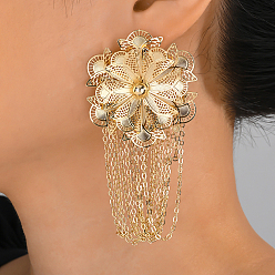 Золотой Серьги-гвоздики с подвеской в виде цветка из латуни и цепочки, золотые, 86x45 мм