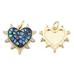 Black Brass Micro Pave Clear Cubic Zirconia Pendants, with Jump Rings and Shell, Enamel, Real 18K Gold Plated, Nickel Free, Heart, Black, 15.5x15.5x3mm, Jump Ring: 5x1mm, 3mm inner diameter