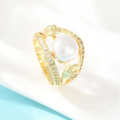 Настоящее золото 18K Кольца для женщин с микропаве из латуни и кубическими цирконами, круглые, с абс пластмассовой имитационной жемчужиной, реальный 18 k позолоченный, 16 мм, размер США 8 1/4 (18.3 мм)