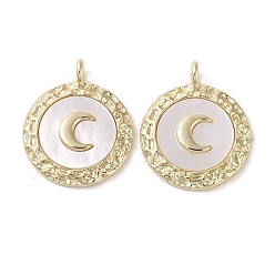 Real 18K Gold Plated Brass Micro Pave Clear Cubic Zirconia with Shell Pendants, Cadmium Free & Nickel Free & Lead Free, Flat Round with Moon Pattern, Real 18K Gold Plated, 21.5x17.5x2.5mm, Hole: 2mm