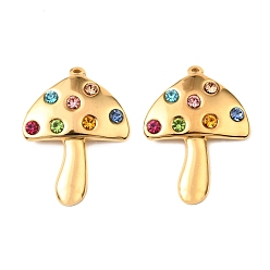 Разноцветный 304 из нержавеющей стали горный хрусталь подвески, гриб, золотые, красочный, 33x24x5 мм, отверстие : 1.4 мм
