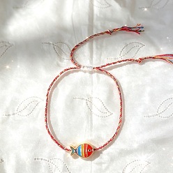 Red Ocean Alloy Enamel Fish Beads Adjustable Braided Cotton Cord Bracelets for Women, Golden, Red, 5.91 inch(15cm)~12.60 inch(32cm)
