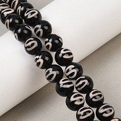 Money Hook Pattern Тибетского стиля DZI бисер нитей, природных бисера агат, круглые, чёрные, окрашенная и подогревом, схема денежного крючка, 10 мм, отверстие : 1 мм, около 35 шт / нитка, 13.70'' (34.8 см)