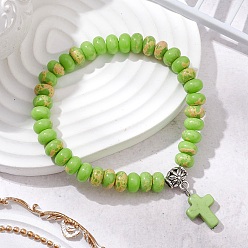 Зелено-Желтый Синтетические бусины из императорской яшмы и бирюзовые крестообразные браслеты для женщин и мужчин, зеленый желтый, внутренний диаметр: 2-1/4 дюйм (5.6 см)