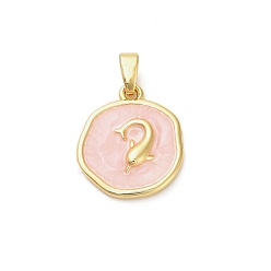 Розовый Латунь эмаль подвески, без кадмия, без никеля и без свинца, плоский круг с подвесками в виде акулы, реальный 18 k позолоченный, туманная роза, 17.5x15x2.5 мм, отверстие : 5x2.5 мм