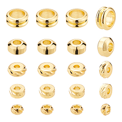 Golden 150Pcs 5 Styles Brass Spacer Beads, Long-Lasting Plated, Textured Rondelle & Flat Round & Grooved Column, Golden, 30pcs/style