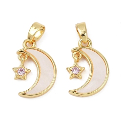 Настоящее золото 18K Латунные микро проложить кубического циркония подвески, без кадмия и без свинца, с акриловой, луна со звездными чарами, реальный 18 k позолоченный, 16x10x2 мм, отверстие : 5x2.5 мм