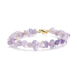Améthyste Bracelet en perles d'améthyste lavande naturelle avec perle de coquillage, bracelet enroulé en fil de laiton avec fermoirs magnétiques pour femme, or, 7-1/2 pouce (19 cm)