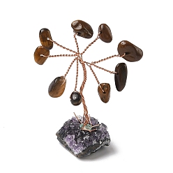 Тигровый глаз Натуральные чипсы из тигрового глаза, украшения «Древо жизни», аметистовая основа с медной проволокой, фен-шуй энергетический камень подарок для домашнего офиса украшение рабочего стола, 18.5~24.5x25~33x49~61 мм