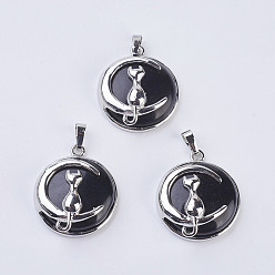 (946F)Морозный цвет внутри  Жонкиль / Непрозрачная зеленая подкладка Подвески в виде котенка из натурального окрашенного и нагретого черного агата, с латунной фурнитурой , плоский круглый с формой кота и полумесяца, платина, 32x27.5x10 мм, отверстие : 5x7 мм