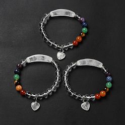 Quarzkristall Stretcharmband aus natürlichen Quarzkristallen und gemischten Edelsteinperlen mit Herzanhänger für Damen, Innendurchmesser: 2-1/8 Zoll (5.5 cm)