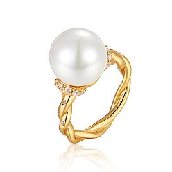 Golden 925 Sterling Silver Wire Wrapped Finger Ring with Imitation Pearl, Golden, Inner Diameter: 17mm