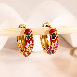 Красный Китайское ретро 304 кольцо из нержавеющей стали с эмалированным узором и серьгами-кольцами, золотые, красные, 15.6x6 мм