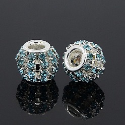 Аквамарин Латунные горный хрусталь Европейский бисером, бусины с большим отверстием, рондель, серебряный цвет гальваническим, аквамарин, 12x10 мм, отверстие : 4 мм