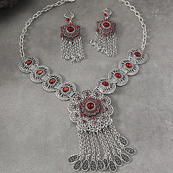 Античное Серебро Комплекты ожерелий и серег-колец из цинкового сплава и стекла в стиле «Цветочная Богемия», античное серебро, 490 мм и 99.1x33.5 мм