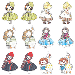 Mixed Color 12Pcs 6 Style Transparent Printed Acrylic Big Pendants, Girl, Mixed Color, 69~73.5x41~50x3.5mm, hole: 2mm, 2pcs/style