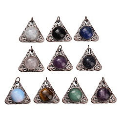 Mixed Stone Natural & Synthetic Mixed Stone Pendants, Alloy Triangle Bezeled Charms, Red Copper, Mixed Dyed and Undyed, 30x33.5x10mm, Hole: 6.3mm