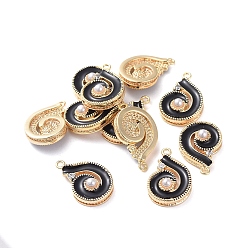 Noir Laiton émail pendentifs, de perles et de strass acrylique, conque forme, réel 18 k plaqué or, noir, 16.5x11x4.4mm, Trou: 1mm