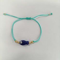 Прусский Синий Регулируемые браслеты с подвесками в виде плетеных фарфоровых рыбок, плетеные браслеты из нейлонового шнура для женщин, с латунным, берлинская лазурь, 11.02 дюйм (28 см)