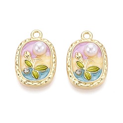 Light Gold Подвески из сплава с покрытием из стразов и эмали, прямоугольник и цветок, с ABS имитации жемчуга, золотой свет, 23x15x5.5 мм, отверстие : 2 мм
