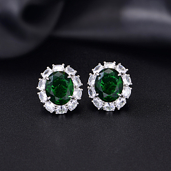 Green Brass Micro Pave Cubic Zirconia Oval Stud Earrings for Women, Platinum, Green, 18x15.7mm