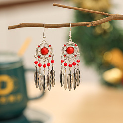 Красный Серьги из сплава из смолы, плоские круглые с пером, серебряные, красные, 70 мм