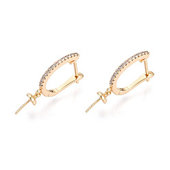 Настоящее золото 18K Фурнитура для сережек-колец в форме арки с микропаве из прозрачного кубического циркония из латуни, ионное покрытие (ip), реальный 18 k позолоченный, лоток : 4 мм, 25x12x4 мм, штифты : 0.8 мм