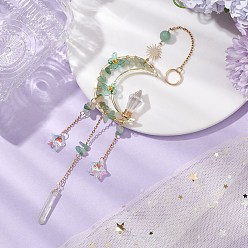 Зеленый Авантюрин Проволочные подвесные украшения из натурального зеленого авантюрина в форме луны, Стеклянные ловцы солнца с кисточками в виде бабочек и звезд для украшения сада на открытом воздухе, 245~260 мм