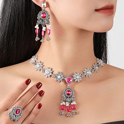 Ярко-Розовый Комплект украшений из сплава богемных цветов со стразами и искусственным жемчугом, серьги, ожерелья и кольца, ярко-розовый, 380 мм