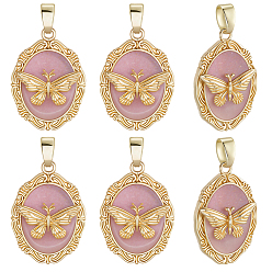 Бледно-Розовый 6 кулоны латунные эмалевые шт., овал с подвесками в виде бабочек, стойки покрытие, прочное покрытие, без кадмия и без свинца, реальный 18 k позолоченный, розовый жемчуг, 19.5x14x2.5 мм, отверстие : 3.5x3 мм